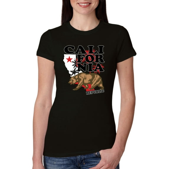 California Republic Cali Bear Pop Culture Womens Slim Fit Junior Tee, Black, Small