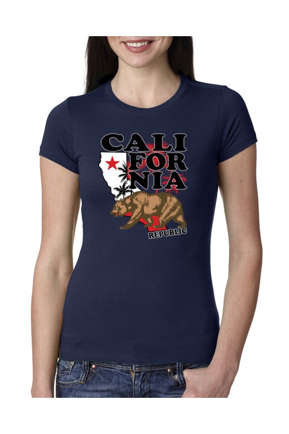 , California Republic Cali Bear Pop Culture Womens Slim Fit Junior Tee, Navy, Small