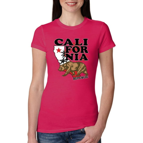 Wild Bobby, California Republic Cali Bear Pop Culture Womens Slim Fit Junior Tee, Raspberry, 2XL