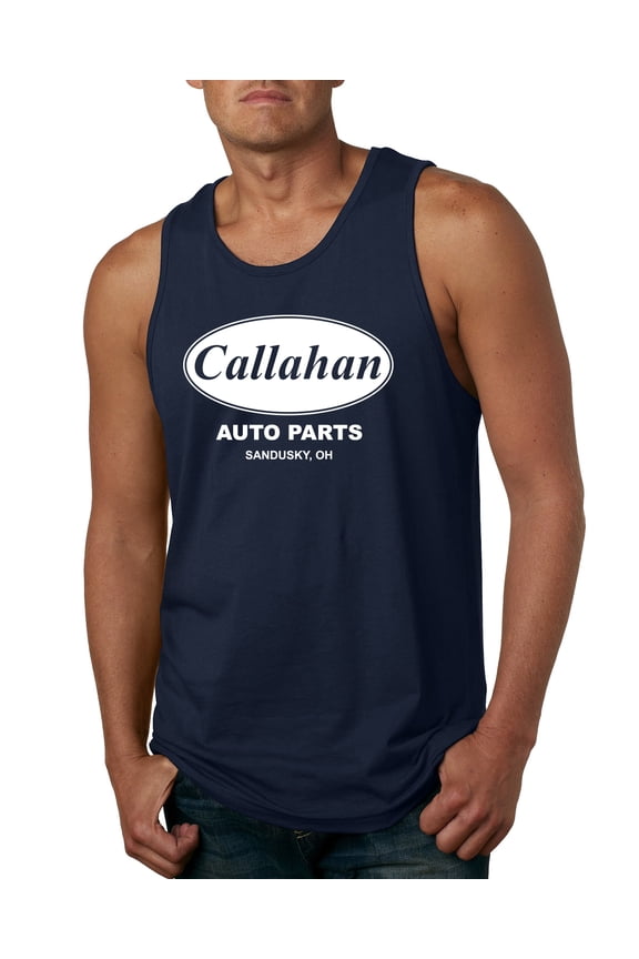 , Callahan Auto Parts Sandusky Ohio Retro 90s Funny Tommy Boy, Pop Culture, Men Graphic Tank Top, Navy, Small