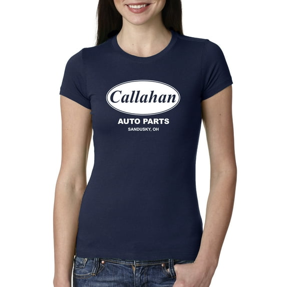 Wild Bobby, Callahan Auto Parts Sandusky Ohio Retro 90s Funny Tommy Boy, Pop Culture, Women Slim Fit Junior Tee, Navy, Medium