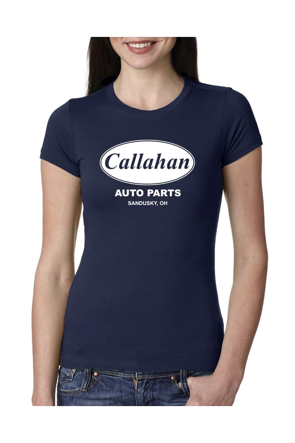 , Callahan Auto Parts Sandusky Ohio Retro 90s Funny Tommy Boy, Pop Culture, Women Slim Fit Junior Tee, Navy, X-Large