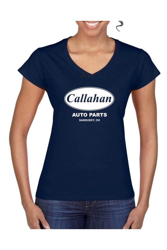 , Callahan Auto Parts Sandusky Ohio Retro 90s Funny Tommy Boy, Pop Culture, Women Standard V-Neck Tee, Navy, X-Large
