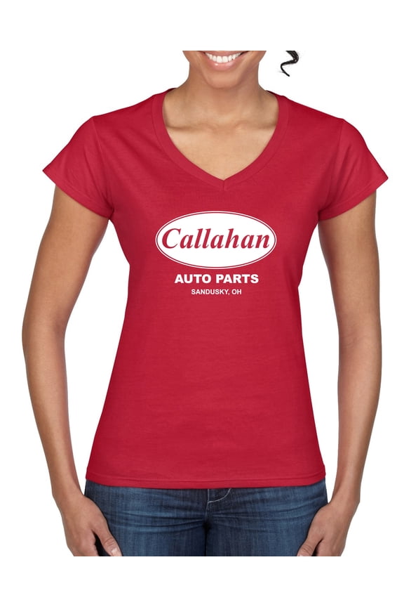 , Callahan Auto Parts Sandusky Ohio Retro 90s Funny Tommy Boy, Pop Culture, Women Standard V-Neck Tee, Red, Large