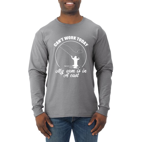 Wild Bobby, Can't Work Today My Arm Is In A Cast, Fishing, Men Long Sleeve Shirt, Heather Grey, Small