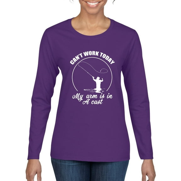 Wild Bobby, Can't Work Today My Arm Is In A Cast, Fishing, Women Graphic Long Sleeve Tee, Purple, Small