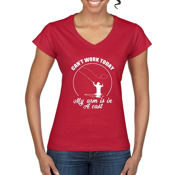 Wild Bobby, Can't Work Today My Arm Is In A Cast, Fishing, Women Standard V-Neck Tee, Red, X-Large