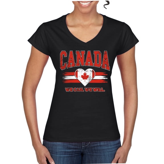 Wild Bobby Canada Flag Heart We Can We Will Graphic | Women's Novelty T-Shirt | Soccer Football Fan Game Day Gift for Her Women Standard V-Neck Tee