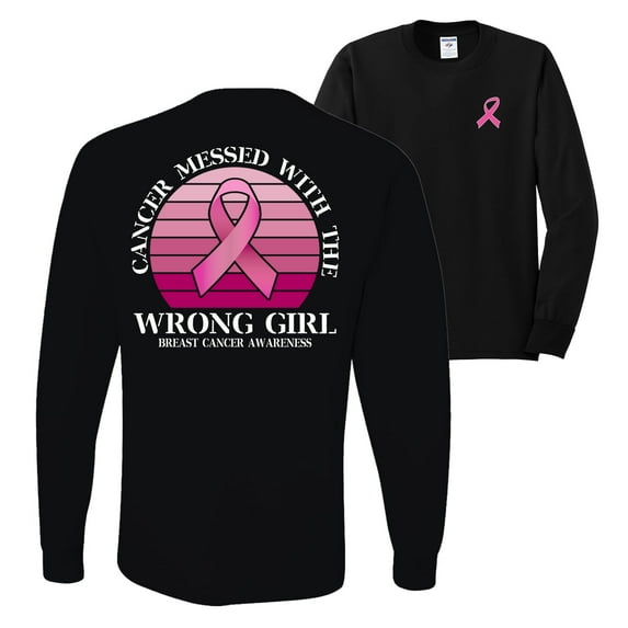 Wild Bobby Cancer Messed With the Wrong Girl Breast Cancer Awareness Front and Back Mens Long Sleeve Shirt, Black, Small