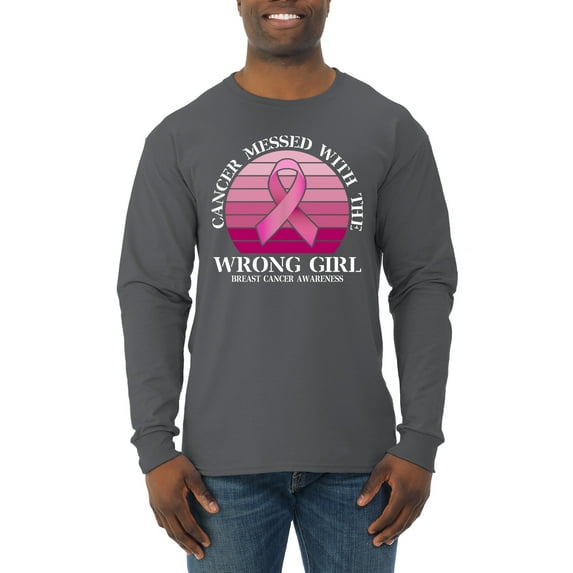 Wild Bobby Cancer Messed With the Wrong Girl Breast Cancer Awareness Men Long Sleeve Shirt, Charcoal, Large