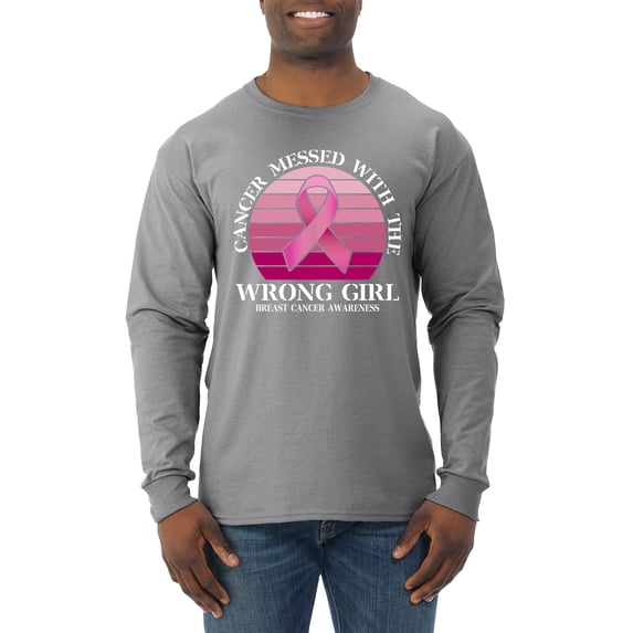 Wild Bobby Cancer Messed With the Wrong Girl Breast Cancer Awareness Men Long Sleeve Shirt, Heather Grey, Small