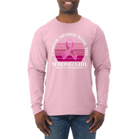 Wild Bobby Cancer Messed With the Wrong Girl Breast Cancer Awareness Men Long Sleeve Shirt, Light Pink, X-Large