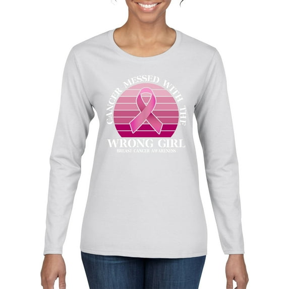 Wild Bobby Cancer Messed With the Wrong Girl Breast Cancer Awareness Women Graphic Long Sleeve Tee, White, Medium