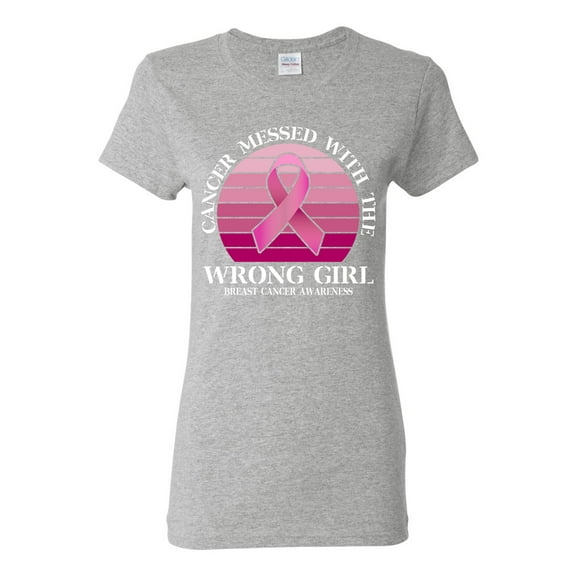 Wild Bobby Cancer Messed With the Wrong Girl Breast Cancer Awareness Women Graphic Tee, Heather Grey, X-Large