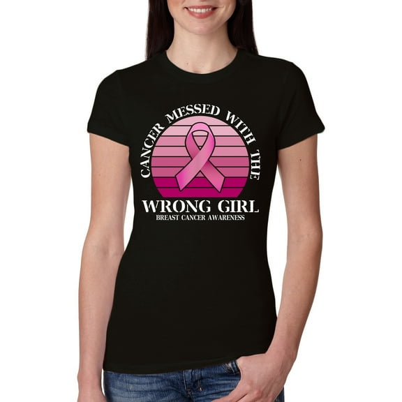 Wild Bobby Cancer Messed With the Wrong Girl Breast Cancer Awareness Women Slim Fit Junior Tee, Black, Small