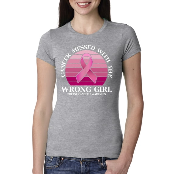 Wild Bobby Cancer Messed With the Wrong Girl Breast Cancer Awareness Women Slim Fit Junior Tee, Heather Grey, X-Large