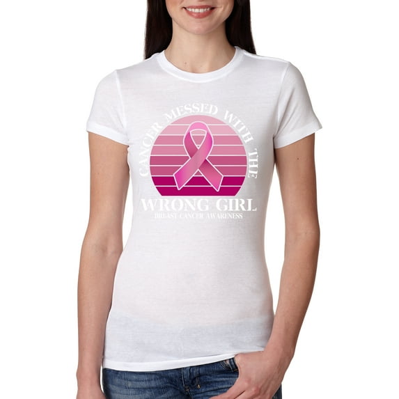 Wild Bobby Cancer Messed With the Wrong Girl Breast Cancer Awareness Women Slim Fit Junior Tee, White, Medium