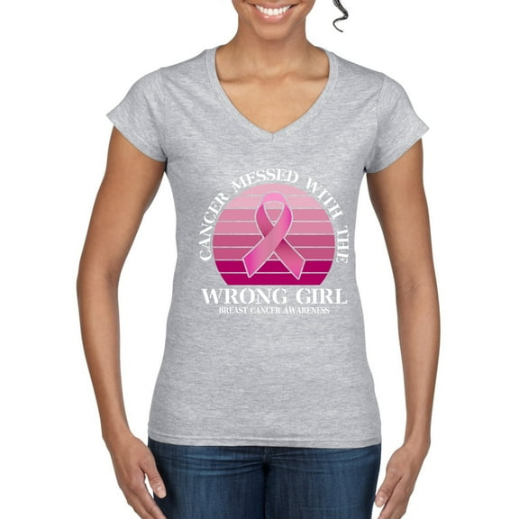 Wild Bobby Cancer Messed With the Wrong Girl Breast Cancer Awareness Women Standard V-Neck Tee, Heather Grey, X-Large