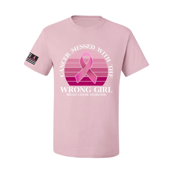 Wild Bobby Cancer Messed With the Wrong Girl US Flag Breast Cancer Awareness Men Tee, Light Pink, Medium