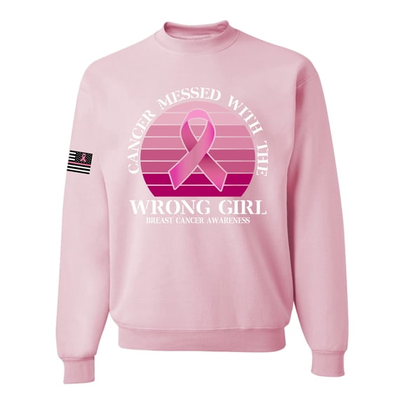 Wild Bobby Cancer Messed With the Wrong Girl US Flag Breast Cancer Awareness Unisex Crewneck Sweatshirt, Light Pink, XX-Large