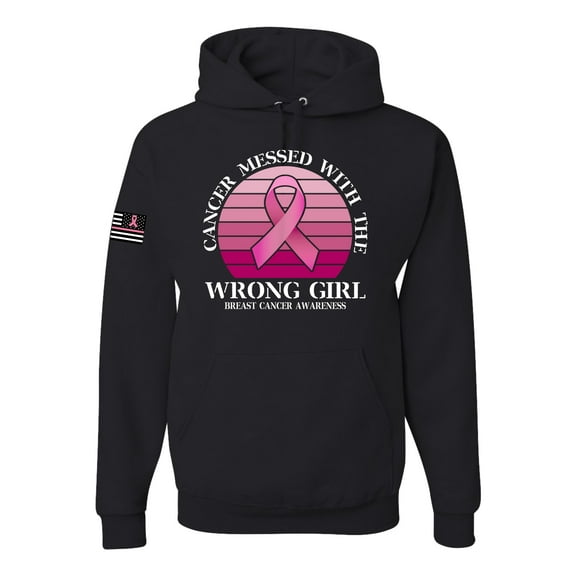 Wild Bobby Cancer Messed With the Wrong Girl US Flag Breast Cancer Awareness Unisex Hoodie Sweatshirt, Black, 3X-Large