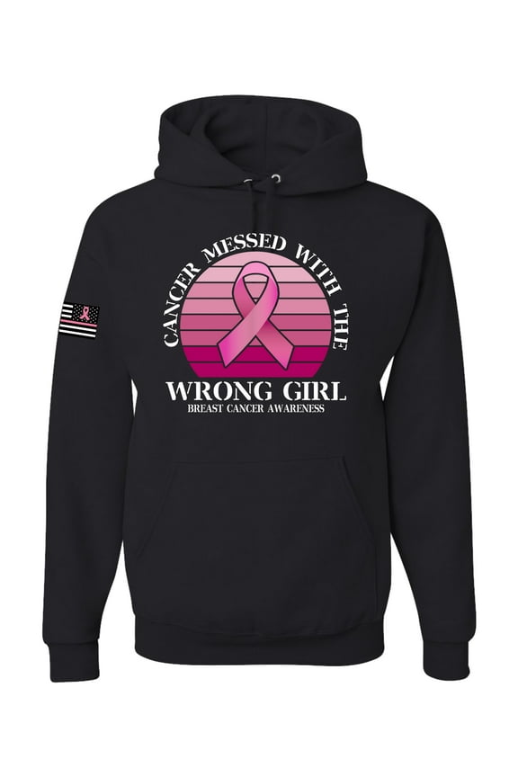 Cancer Messed With the Wrong Girl US Flag Breast Cancer Awareness Unisex Hoodie Sweatshirt, Black, 3X-Large