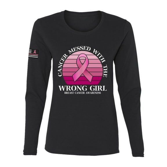 Wild Bobby Cancer Messed With the Wrong Girl US Flag Breast Cancer Awareness Women Graphic Long Sleeve Tee, Black, Small