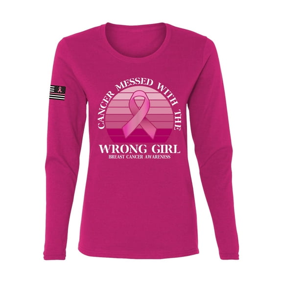 Wild Bobby Cancer Messed With the Wrong Girl US Flag Breast Cancer Awareness Women Graphic Long Sleeve Tee, Fuschia, Small
