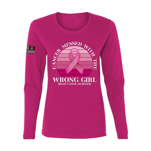 Wild Bobby Cancer Messed With the Wrong Girl US Flag Breast Cancer Awareness Women Graphic Long Sleeve Tee, Fuschia, X-Large