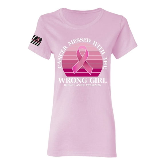 Wild Bobby Cancer Messed With the Wrong Girl US Flag Breast Cancer Awareness Women Graphic Tee, Light Pink, X-Large