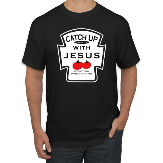 Wild Bobby, Catch Up with Jesus Funny Ketchup Bottle, Inspirational/Christian, Men's Graphic Tees, Black, X-Large