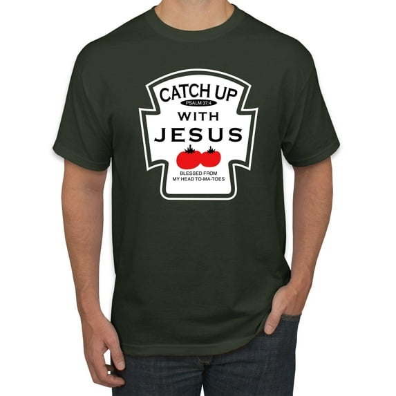 Wild Bobby, Catch Up with Jesus Funny Ketchup Bottle, Inspirational/Christian, Men's Graphic Tees, Forest Green, X-Large