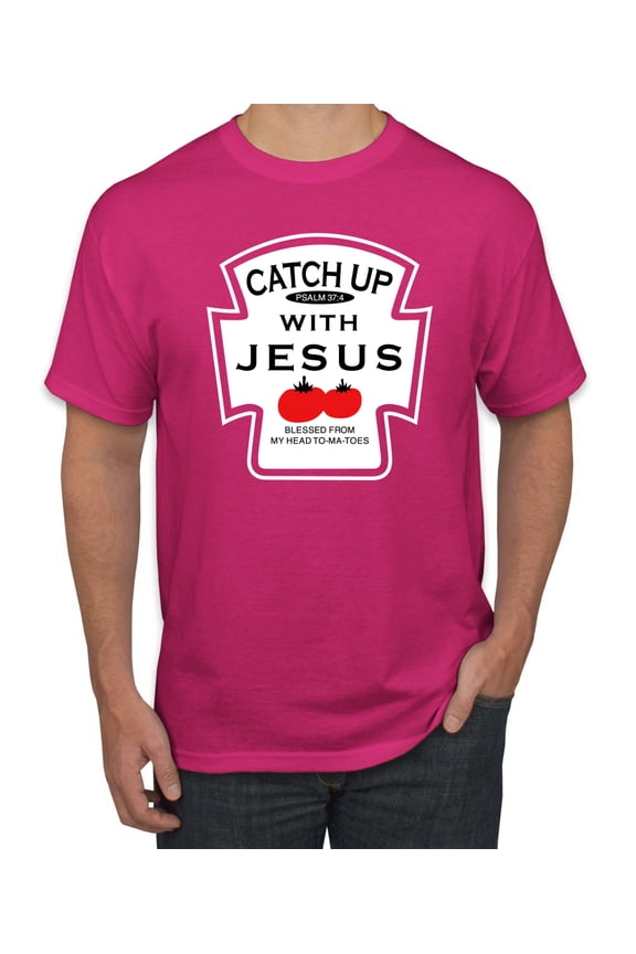 , Catch Up with Jesus Funny Ketchup Bottle, Inspirational/Christian, Men's Graphic Tees, Fuschia, Medium