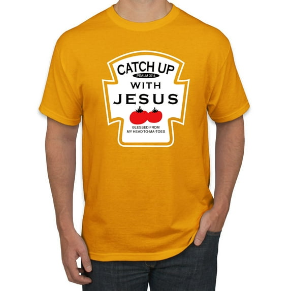 Wild Bobby, Catch Up with Jesus Funny Ketchup Bottle, Inspirational/Christian, Men's Graphic Tees, Gold, X-Large