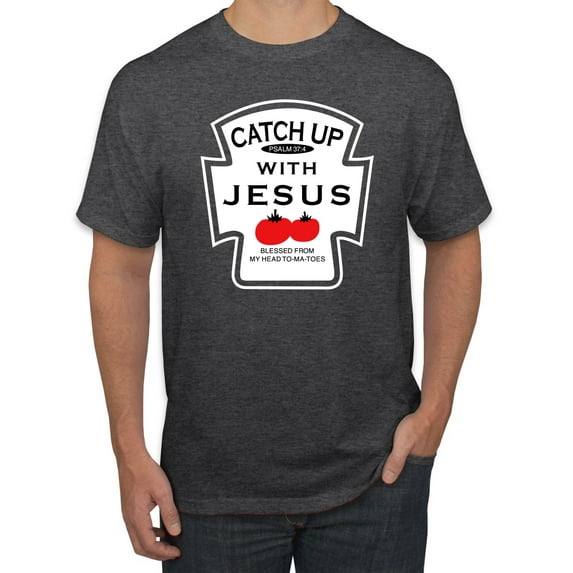 Wild Bobby, Catch Up with Jesus Funny Ketchup Bottle, Inspirational/Christian, Men's Graphic Tees, Heather Black, Small