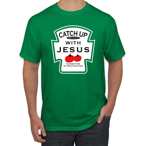Wild Bobby, Catch Up with Jesus Funny Ketchup Bottle, Inspirational/Christian, Men's Graphic Tees, Kelly, X-Large