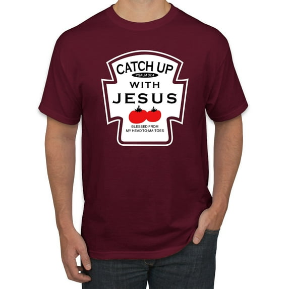 Wild Bobby, Catch Up with Jesus Funny Ketchup Bottle, Inspirational/Christian, Men's Graphic Tees, Maroon, Medium