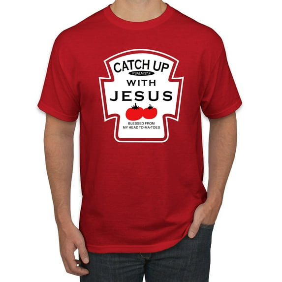 Wild Bobby, Catch Up with Jesus Funny Ketchup Bottle, Inspirational/Christian, Men's Graphic Tees, Red, 2XL