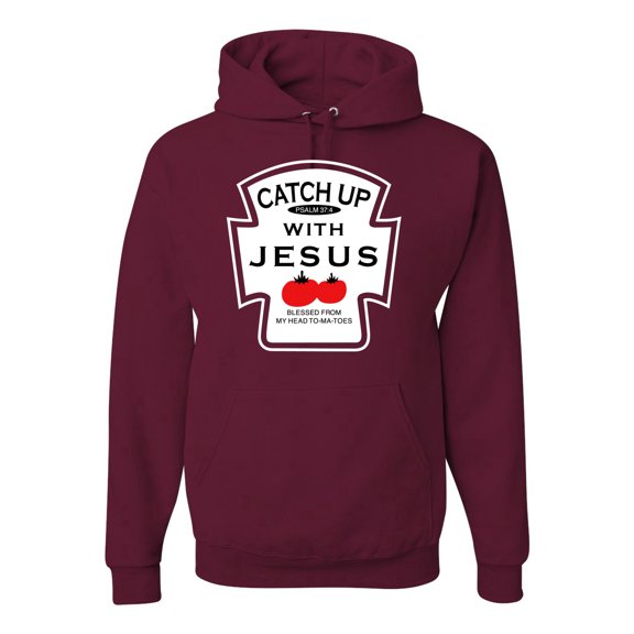Wild Bobby, Catch Up with Jesus Funny Ketchup Bottle, Inspirational/Christian, Unisex Graphic Hoodie Sweatshirt, Maroon, X-Large
