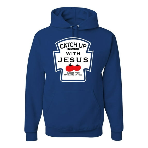 Wild Bobby, Catch Up with Jesus Funny Ketchup Bottle, Inspirational/Christian, Unisex Graphic Hoodie Sweatshirt, Royal, Medium