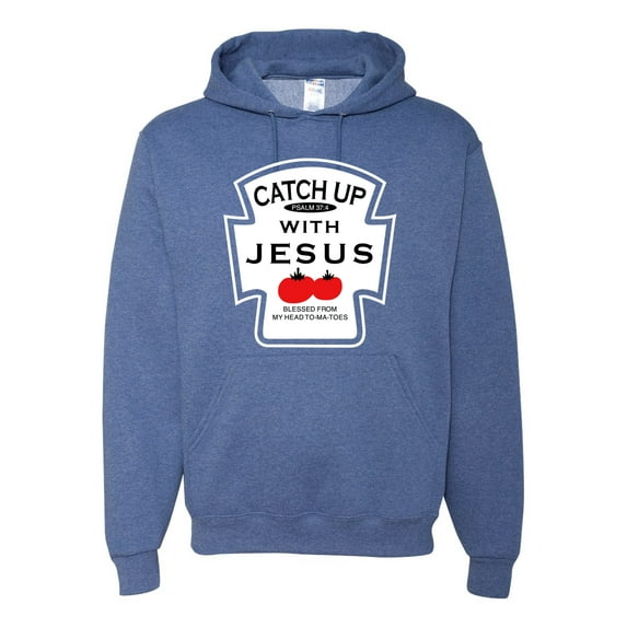 Wild Bobby, Catch Up with Jesus Funny Ketchup Bottle, Inspirational/Christian, Unisex Graphic Hoodie Sweatshirt, Vintage Heather Blue, 3XL
