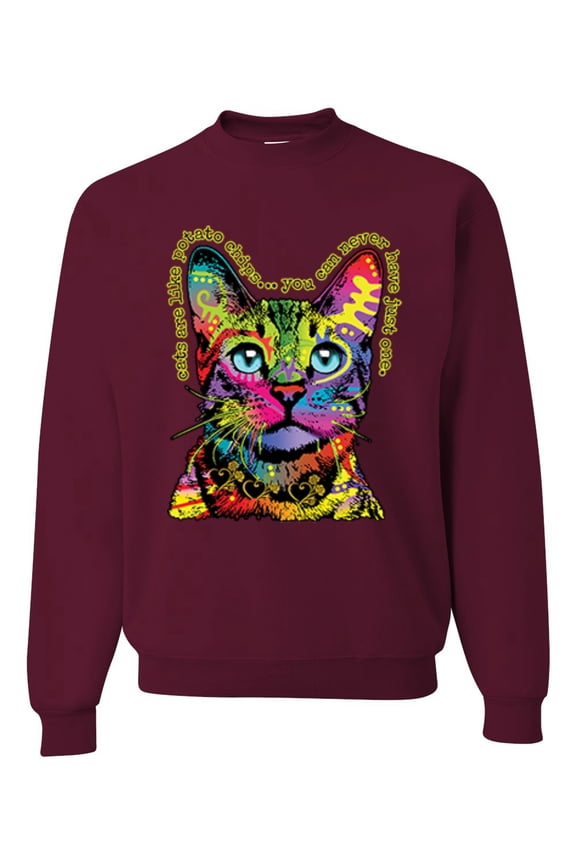 , Cats Are Like Potato Chips Colorful Rainbow Cat Animal Lover Unisex Crewneck Graphic Sweatshirt, Maroon, Large