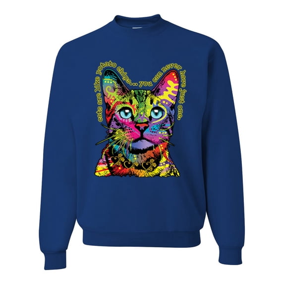 Cats Are Like Potato Chips Colorful Rainbow Cat Animal Lover Unisex Crewneck Graphic Sweatshirt, Royal, Medium