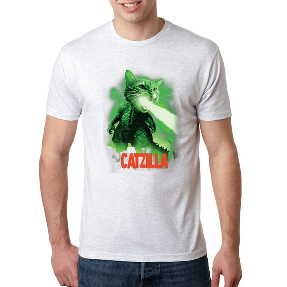 Wild Bobby, Catzilla Parody Taking Over City | Mens Cat Lover Premium Tri Blend T-Shirt, Heather White, Medium