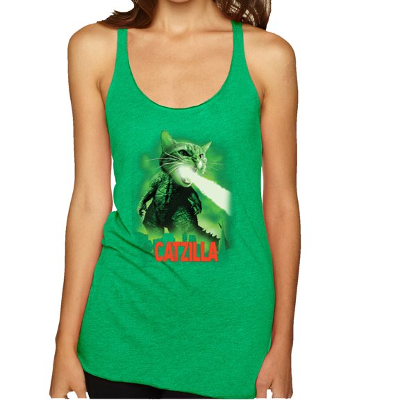 Wild Bobby, Catzilla Parody Taking Over City | Womens Cat Lover Premium Tri-Blend Racerback Tank Top, Envy, X-Large