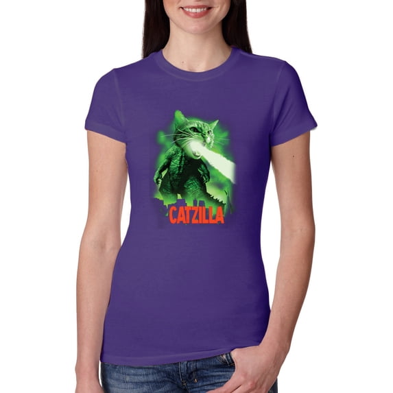 Catzilla Parody Taking Over City | Womens Cat Lover Slim Fit Junior Tee, Purple Rush, Large