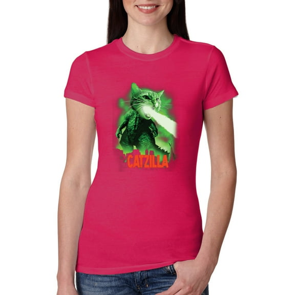 Wild Bobby, Catzilla Parody Taking Over City | Womens Cat Lover Slim Fit Junior Tee, Raspberry, X-Large