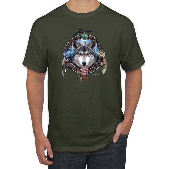 Wild Bobby, Celtic Wolf, Animal Lover, Men Graphic Tees, Military Green, Small