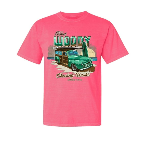 Wild Bobby, Chasing Waves Since 1946, Cars and Trucks, Garment-Dyed Washed Look Short Sleeve Tees, Neon Pink, 2XL