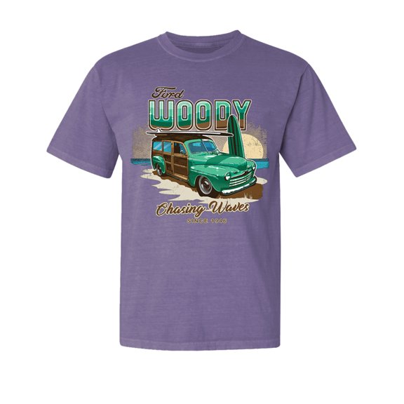 Wild Bobby, Chasing Waves Since 1946, Cars and Trucks, Garment-Dyed Washed Look Short Sleeve Tees, Purple, Medium